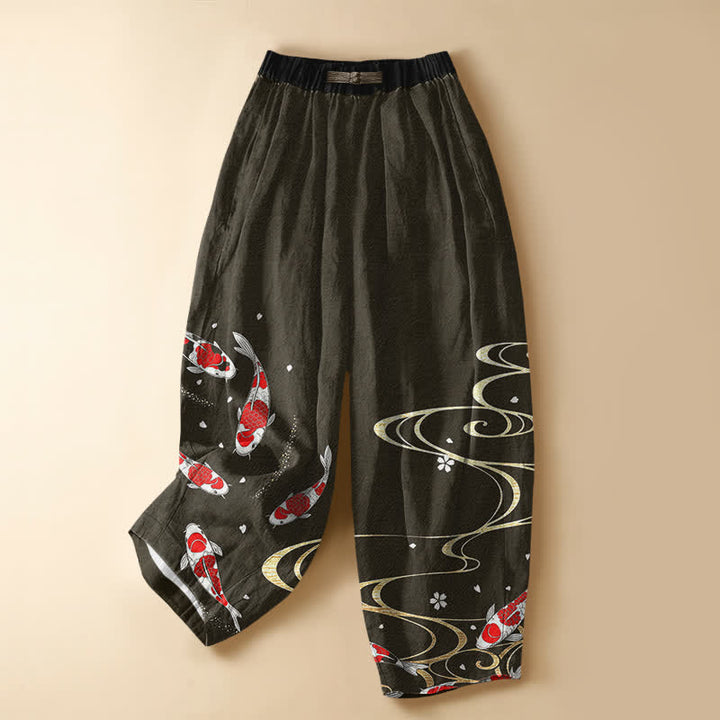 Buddha Stones Pantaloni harem da donna in puro cotone con motivo a carpe koi orientali, bottoni a rana e vita elasticizzata, con tasche. - Verde oliva scuro - US16, UK/AU20, EU48 (3XL) - image 5