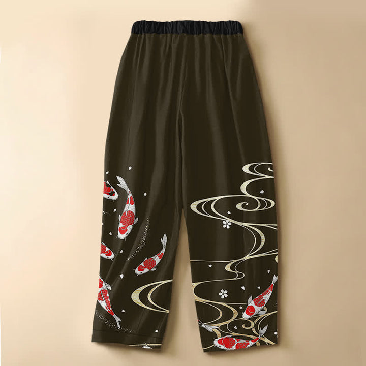Buddha Stones Pantaloni harem da donna in puro cotone con motivo a carpe koi orientali, bottoni a rana e vita elasticizzata, con tasche. - image 6