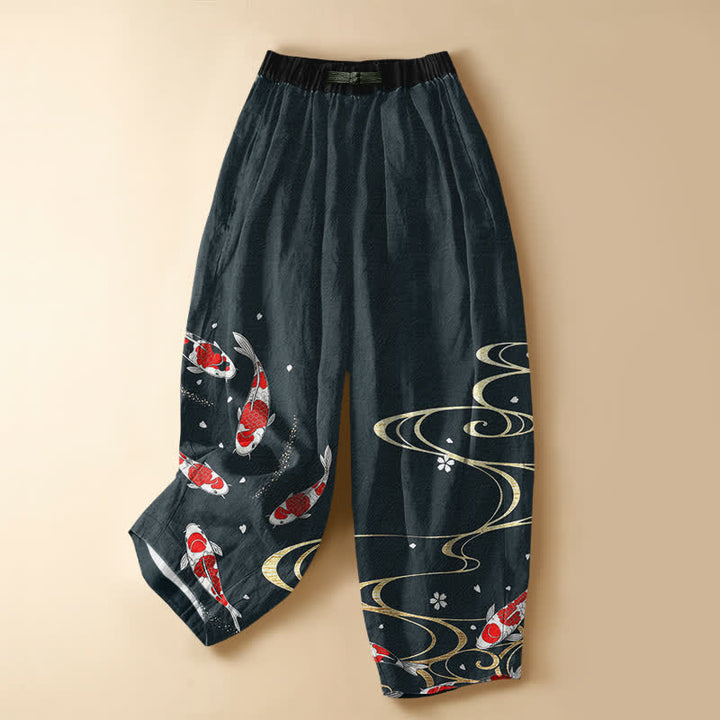 Buddha Stones Pantaloni harem da donna in puro cotone con motivo a carpe koi orientali, bottoni a rana e vita elasticizzata, con tasche. - Ciano scuro - US16, UK/AU20, EU48 (3XL) - image 7