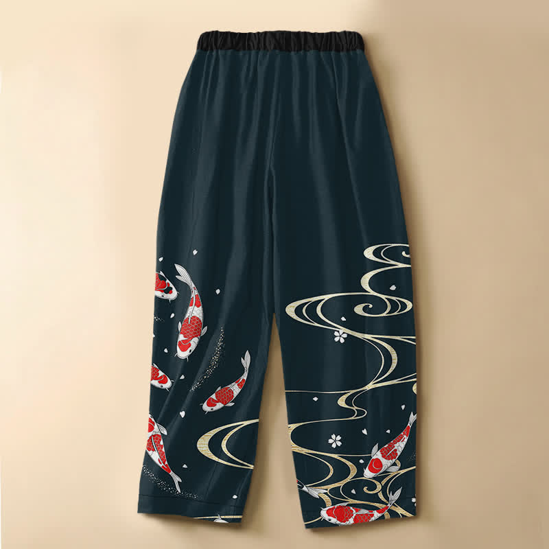 Buddha Stones Pantaloni harem da donna in puro cotone con motivo a carpe koi orientali, bottoni a rana e vita elasticizzata, con tasche. - image 8