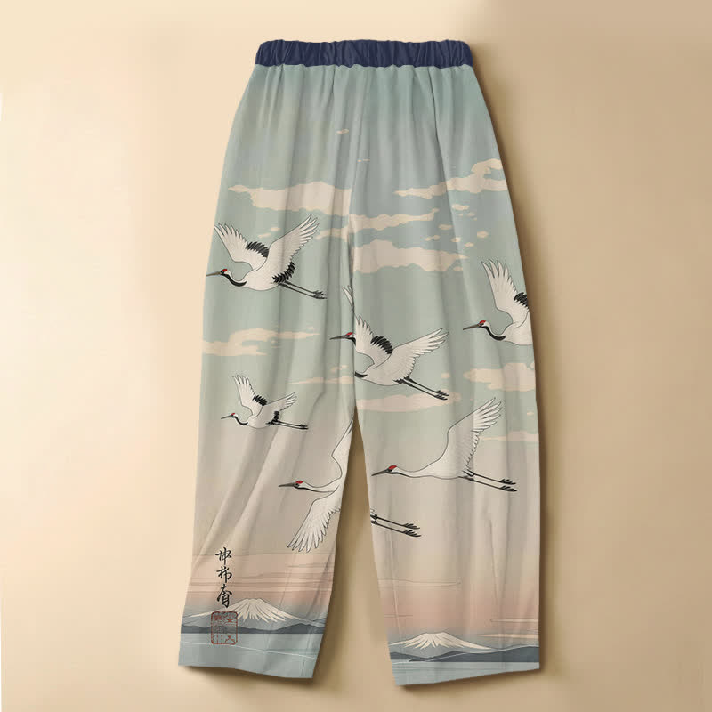 Buddha Stones Pantaloni harem da donna in puro cotone con stampa di gru e paesaggio, bottoni a rana e vita elasticizzata, con tasche. - image 1