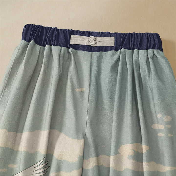 Buddha Stones Pantaloni harem da donna in puro cotone con stampa di gru e paesaggio, bottoni a rana e vita elasticizzata, con tasche. - image 2