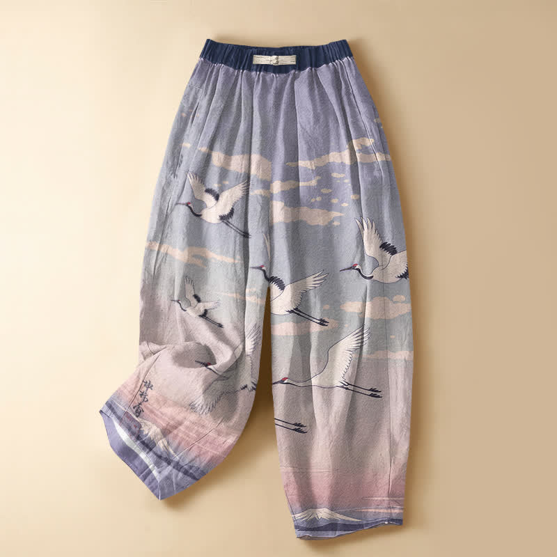 Buddha Stones Pantaloni harem da donna in puro cotone con stampa di gru e paesaggio, bottoni a rana e vita elasticizzata, con tasche. - Viola medio - US16, UK/AU20, EU48 (3XL) - image 5