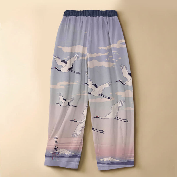 Buddha Stones Pantaloni harem da donna in puro cotone con stampa di gru e paesaggio, bottoni a rana e vita elasticizzata, con tasche. - image 6