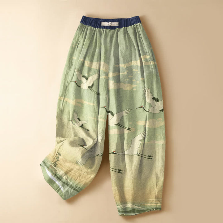 Buddha Stones Pantaloni harem da donna in puro cotone con stampa di gru e paesaggio, bottoni a rana e vita elasticizzata, con tasche. - GialloVerde - US16, UK/AU20, EU48 (3XL) - image 7
