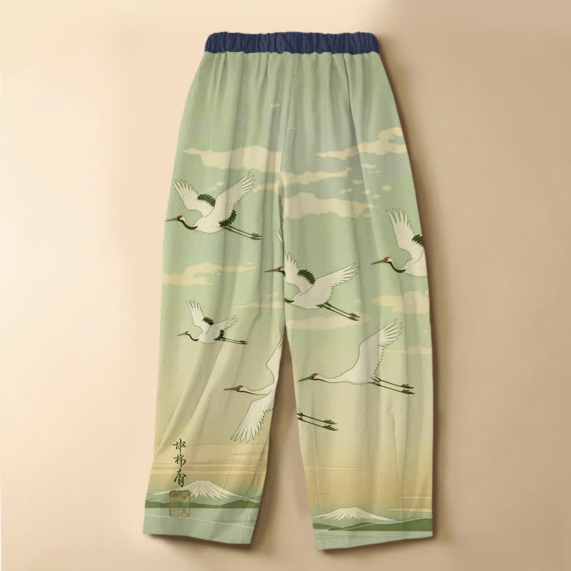Buddha Stones Pantaloni harem da donna in puro cotone con stampa di gru e paesaggio, bottoni a rana e vita elasticizzata, con tasche. - image 8