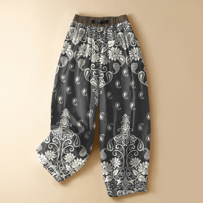 Buddha Stones Pantaloni harem da donna in puro cotone con bordo vintage, motivo paisley e fiori, bottoni a rana, vita elasticizzata e tasche. - Grigio ardesia scuro - US16, UK/AU20, EU48 (3XL) - image 5