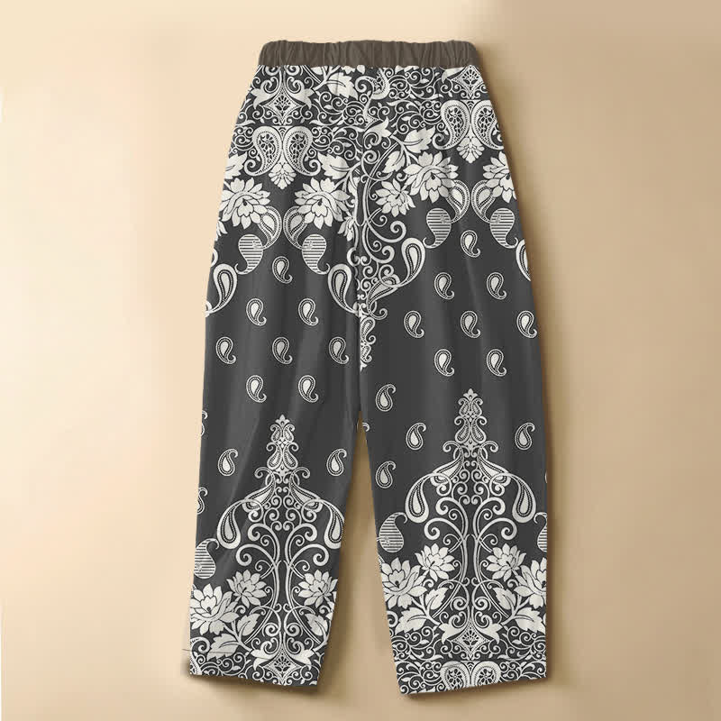 Buddha Stones Pantaloni harem da donna in puro cotone con bordo vintage, motivo paisley e fiori, bottoni a rana, vita elasticizzata e tasche. - image 6