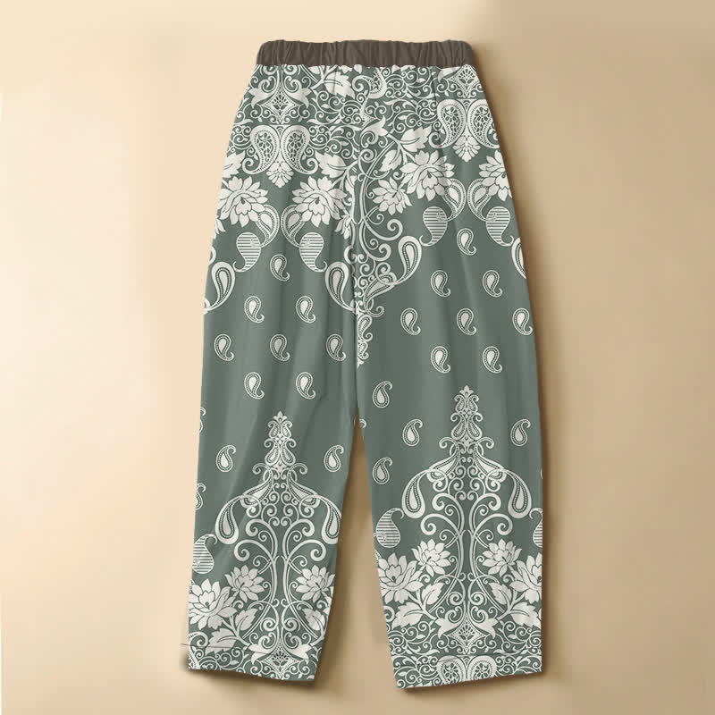 Buddha Stones Pantaloni harem da donna in puro cotone con bordo vintage, motivo paisley e fiori, bottoni a rana, vita elasticizzata e tasche. - image 8