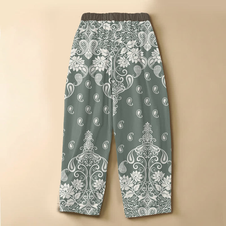 Buddha Stones Pantaloni harem da donna in puro cotone con bordo vintage, motivo paisley e fiori, bottoni a rana, vita elasticizzata e tasche. - image 8