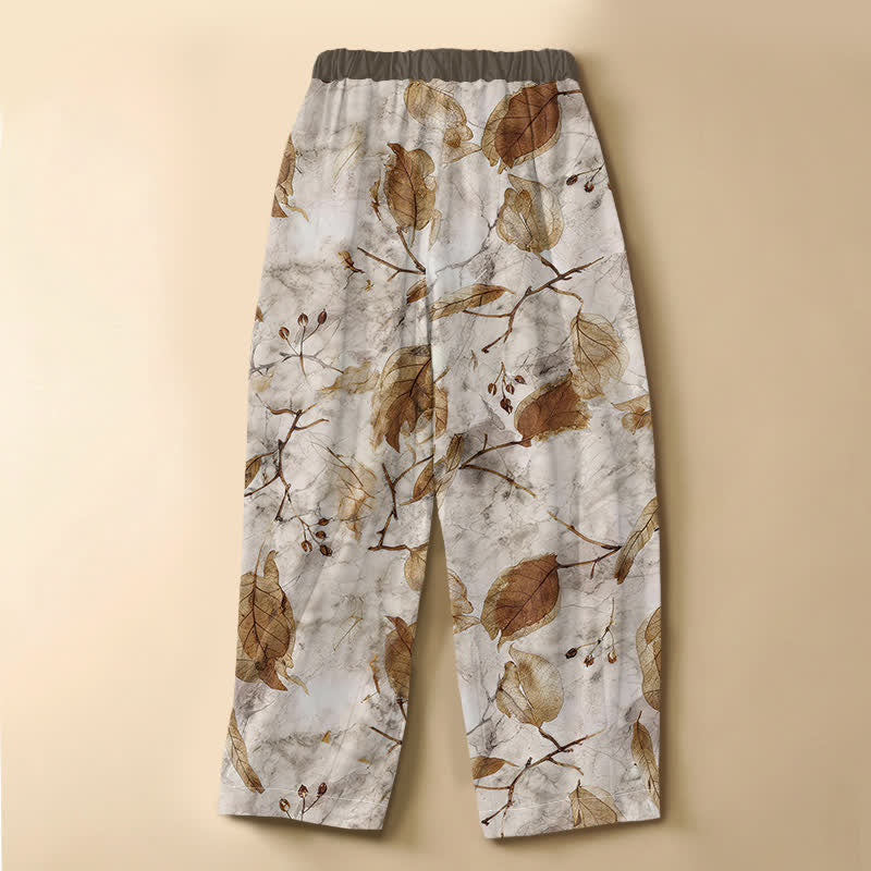 Buddha Stones Pantaloni harem da donna in puro cotone con motivo botanico a foglie autunnali, bottoni a rana e vita elasticizzata, con tasche. - image 1