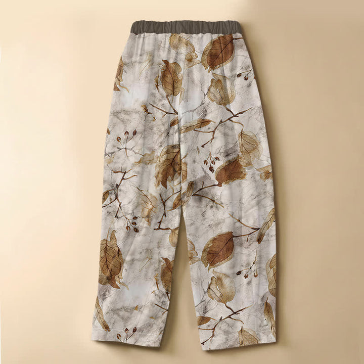 Buddha Stones Pantaloni harem da donna in puro cotone con motivo botanico a foglie autunnali, bottoni a rana e vita elasticizzata, con tasche. - image 1