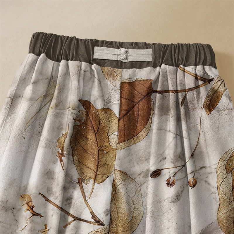 Buddha Stones Pantaloni harem da donna in puro cotone con motivo botanico a foglie autunnali, bottoni a rana e vita elasticizzata, con tasche. - image 3