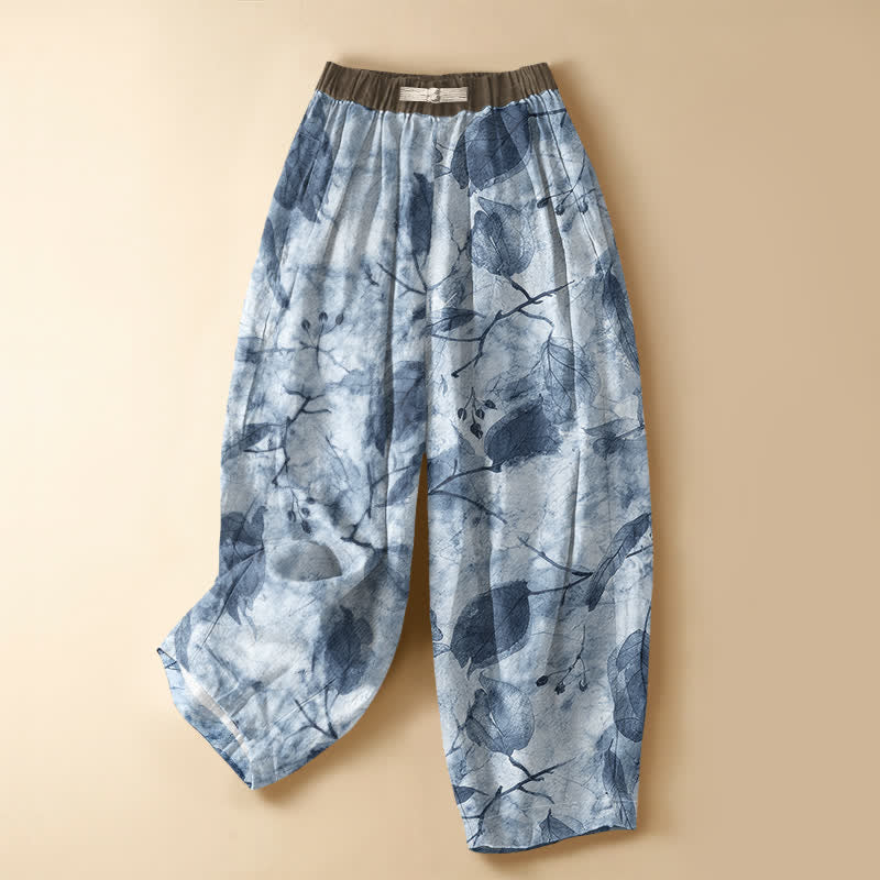 Buddha Stones Pantaloni harem da donna in puro cotone con motivo botanico a foglie autunnali, bottoni a rana e vita elasticizzata, con tasche. - Azzurro polvere - US16, UK/AU20, EU48 (3XL) - image 7