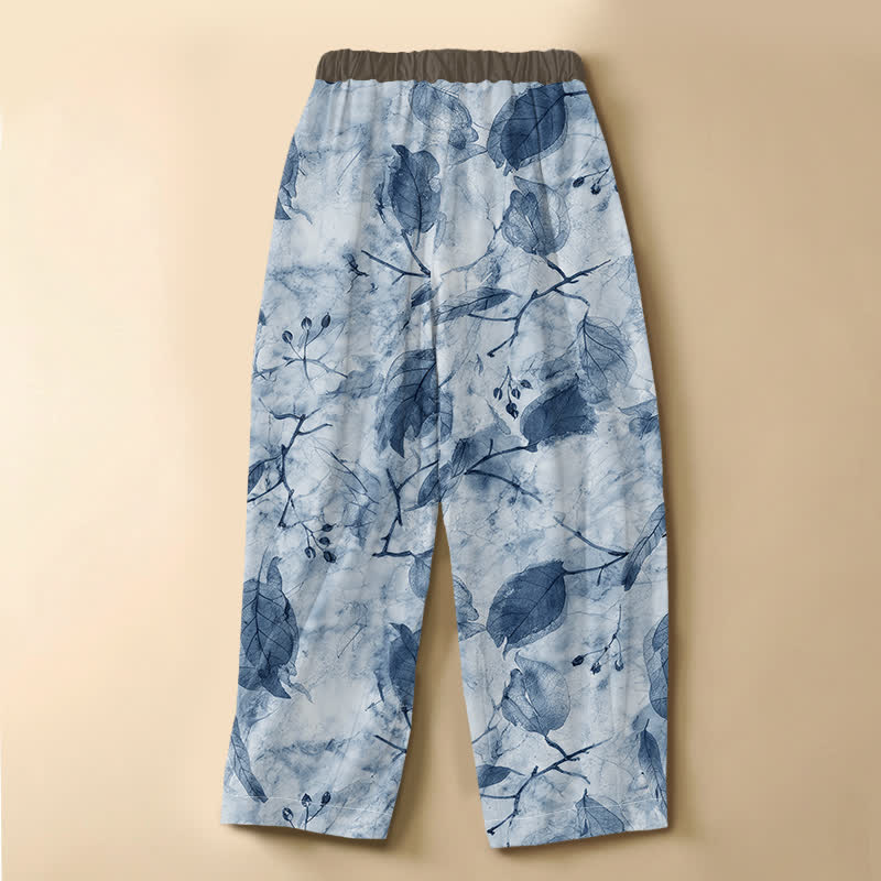 Buddha Stones Pantaloni harem da donna in puro cotone con motivo botanico a foglie autunnali, bottoni a rana e vita elasticizzata, con tasche. - image 8