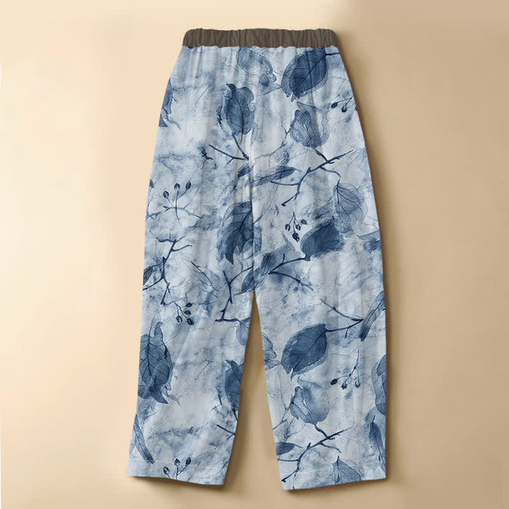 Buddha Stones Pantaloni harem da donna in puro cotone con motivo botanico a foglie autunnali, bottoni a rana e vita elasticizzata, con tasche. - image 8