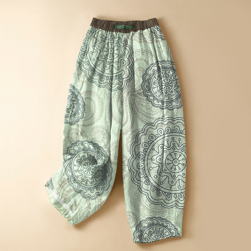 Buddha Stones Pantaloni harem da donna in puro cotone con motivo mandala boho, bottoni a rana e vita elasticizzata, con tasche. - Verde pallido - US16, UK/AU20, EU48 (3XL) - image 7