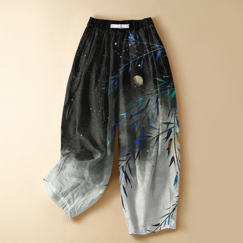 Buddha Stones Pantaloni harem da donna in puro cotone con motivo luna stellata e bambù, bottoni a rana e vita elasticizzata, con tasche. - Nero - US16, UK/AU20, EU48 (3XL) - image 0