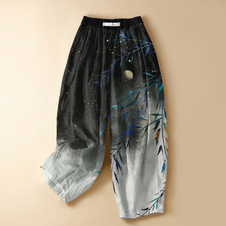 Buddha Stones Pantaloni harem da donna in puro cotone con motivo luna stellata e bambù, bottoni a rana e vita elasticizzata, con tasche. - Nero - US16, UK/AU20, EU48 (3XL) - image 0