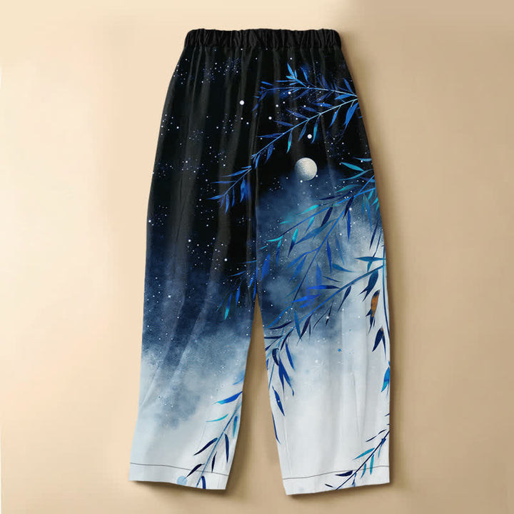Buddha Stones Pantaloni harem da donna in puro cotone con motivo luna stellata e bambù, bottoni a rana e vita elasticizzata, con tasche. - image 6