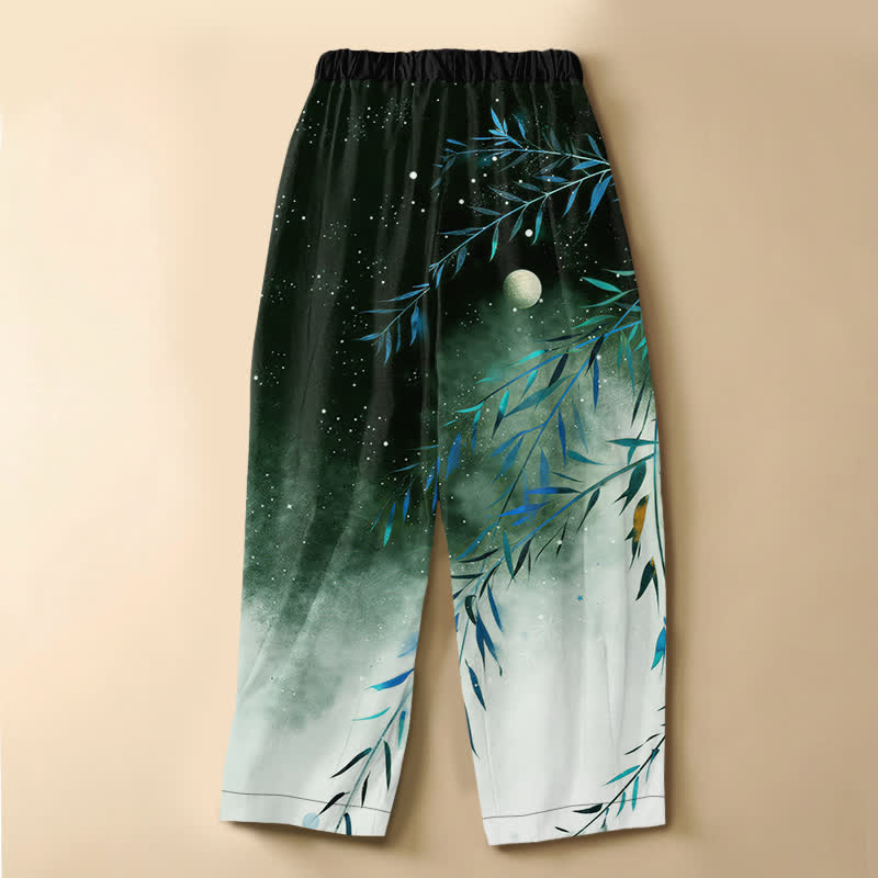 Buddha Stones Pantaloni harem da donna in puro cotone con motivo luna stellata e bambù, bottoni a rana e vita elasticizzata, con tasche. - image 8