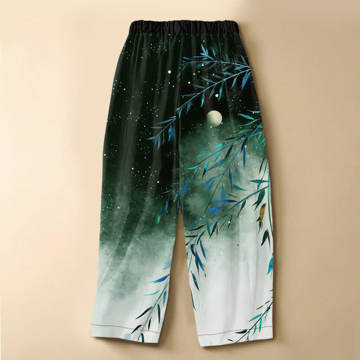 Buddha Stones Pantaloni harem da donna in puro cotone con motivo luna stellata e bambù, bottoni a rana e vita elasticizzata, con tasche. - image 8