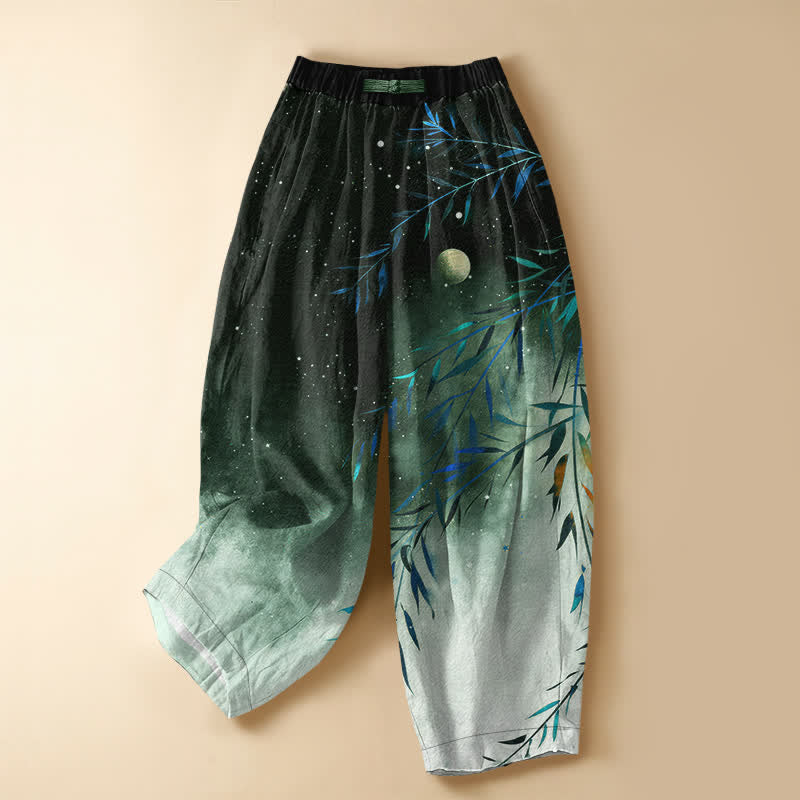 Buddha Stones Pantaloni harem da donna in puro cotone con motivo luna stellata e bambù, bottoni a rana e vita elasticizzata, con tasche. - Verde scuro - US16, UK/AU20, EU48 (3XL) - image 7