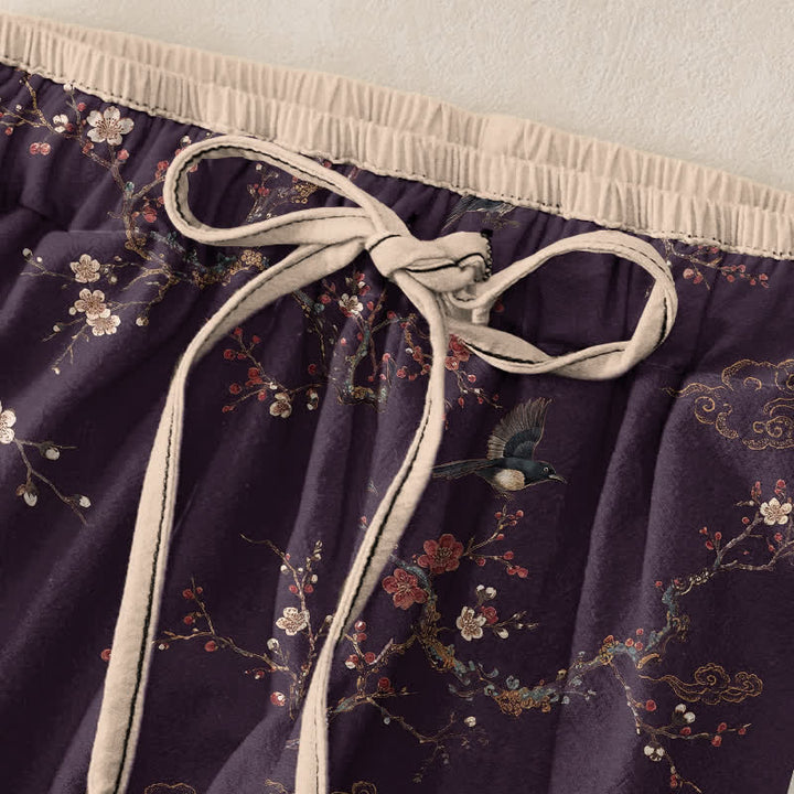 Buddha Stones Eleganti pantaloni da donna in puro cotone con elastico in vita e tasche, fantasia a fiori e uccelli. - image 1