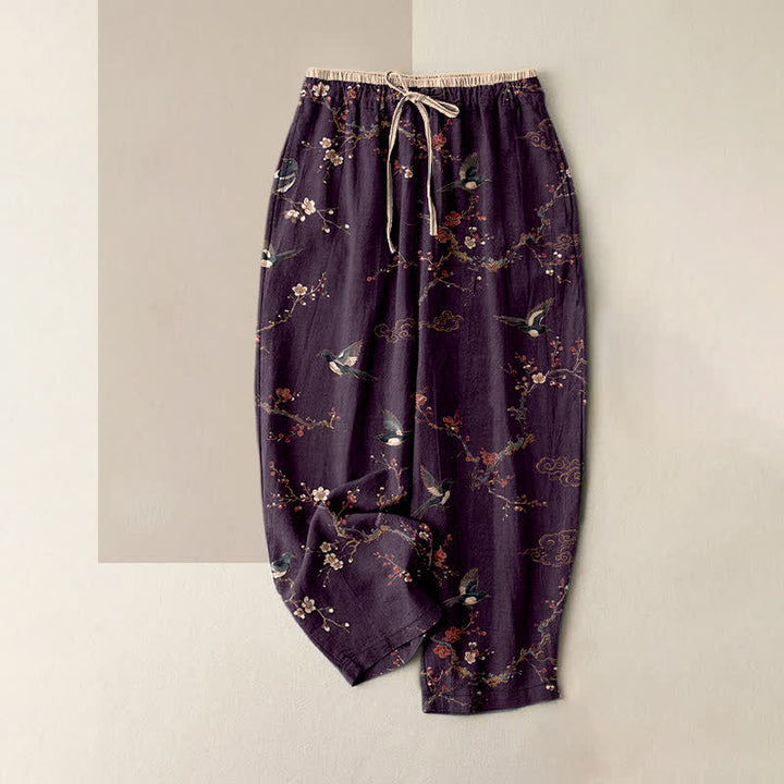 Buddha Stones Eleganti pantaloni da donna in puro cotone con elastico in vita e tasche, fantasia a fiori e uccelli. - Viola - US16, UK/AU20, EU48 (3XL) - image 0