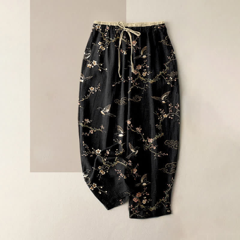 Buddha Stones Eleganti pantaloni da donna in puro cotone con elastico in vita e tasche, fantasia a fiori e uccelli. - Nero - US16, UK/AU20, EU48 (3XL) - image 4