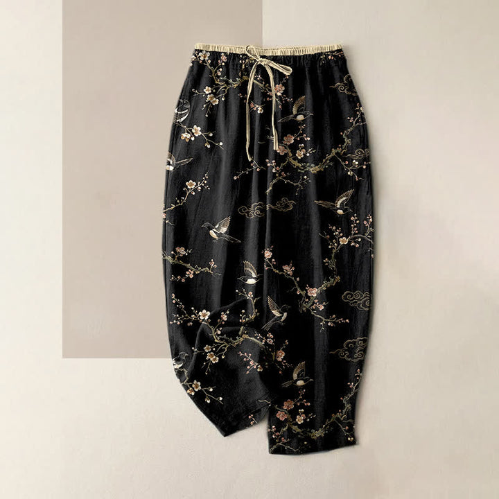 Buddha Stones Eleganti pantaloni da donna in puro cotone con elastico in vita e tasche, fantasia a fiori e uccelli. - Nero - US16, UK/AU20, EU48 (3XL) - image 4
