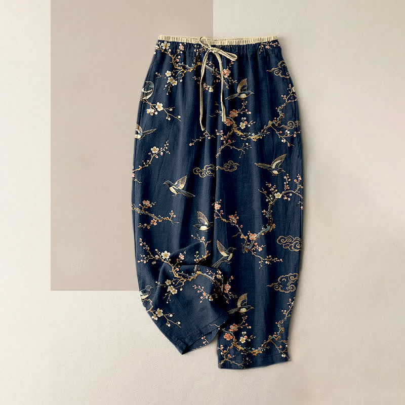 Buddha Stones Eleganti pantaloni da donna in puro cotone con elastico in vita e tasche, fantasia a fiori e uccelli. - Marina - US16, UK/AU20, EU48 (3XL) - image 5