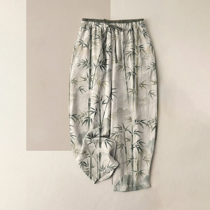 Buddha Stones Pantaloni da donna in puro cotone con elastico in vita e tasche, fantasia Zen a foglie di bambù. - Biancheria - US16, UK/AU20, EU48 (3XL) - image 0