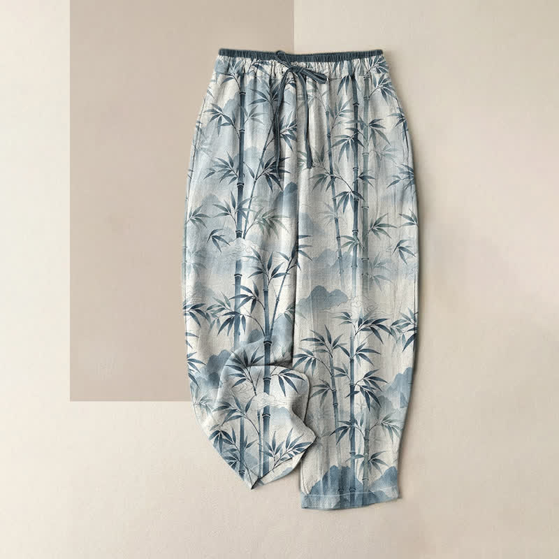 Buddha Stones Pantaloni da donna in puro cotone con elastico in vita e tasche, fantasia Zen a foglie di bambù. - Azzurro chiaro - US16, UK/AU20, EU48 (3XL) - image 3