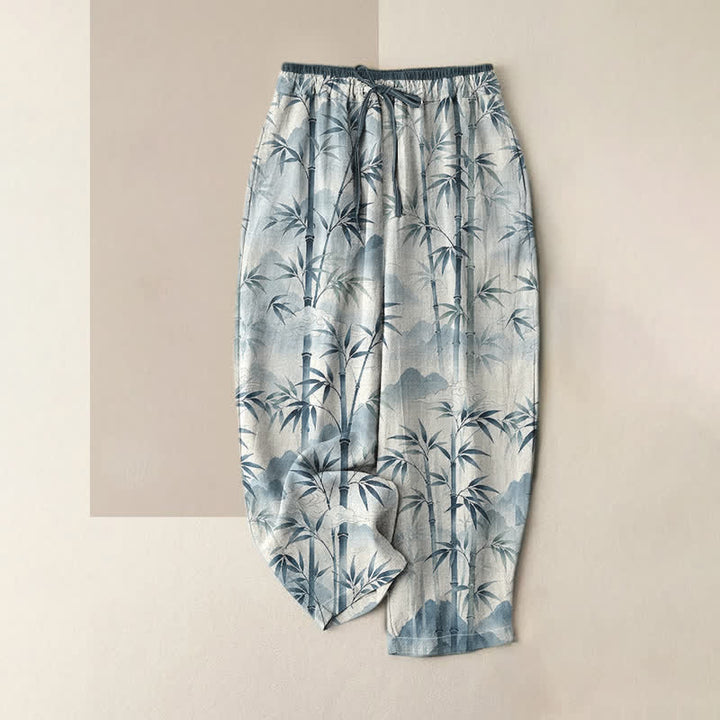 Buddha Stones Pantaloni da donna in puro cotone con elastico in vita e tasche, fantasia Zen a foglie di bambù. - Azzurro chiaro - US16, UK/AU20, EU48 (3XL) - image 3