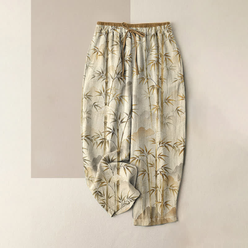 Buddha Stones Pantaloni da donna in puro cotone con elastico in vita e tasche, fantasia Zen a foglie di bambù. - Verga d'oro pallida - US16, UK/AU20, EU48 (3XL) - image 4