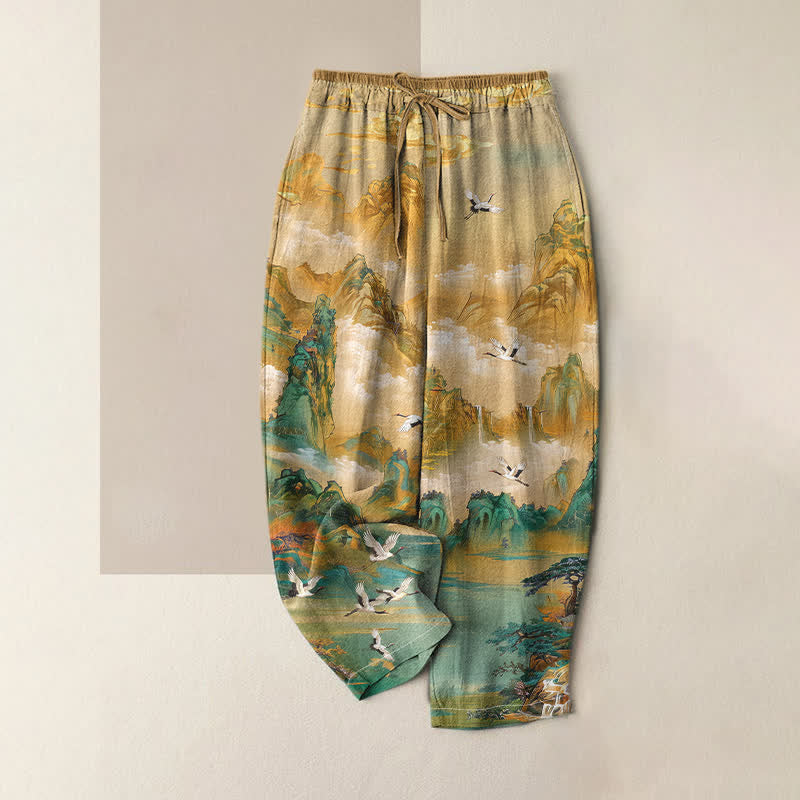 Buddha Stones Pantaloni da donna in puro cotone con elastico in vita e tasche, fantasia "Misty Mountain Crane". - Grano - US16, UK/AU20, EU48 (3XL) - image 0