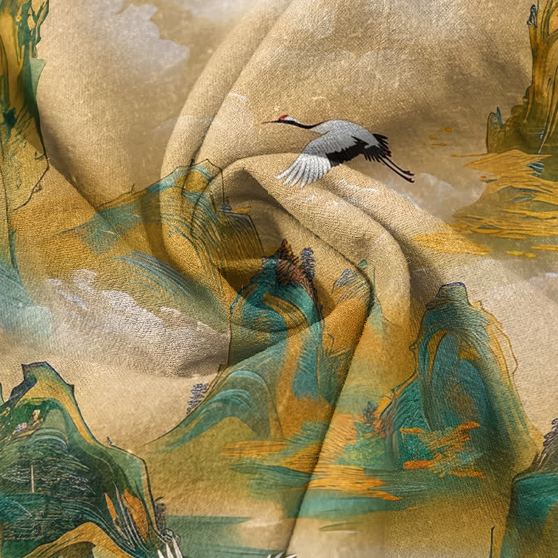 Buddha Stones Pantaloni da donna in puro cotone con elastico in vita e tasche, fantasia "Misty Mountain Crane". - image 2