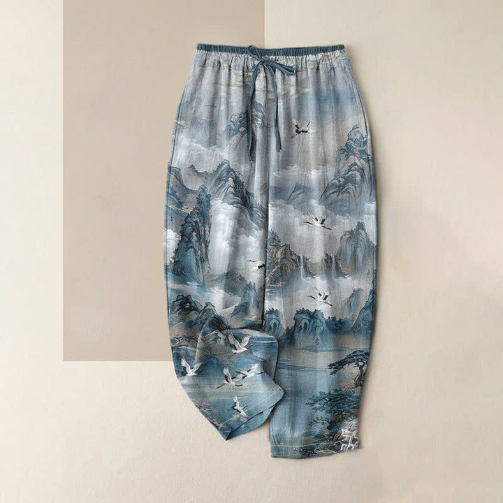Buddha Stones Pantaloni da donna in puro cotone con elastico in vita e tasche, fantasia "Misty Mountain Crane". - Cadetto Blu - US16, UK/AU20, EU48 (3XL) - image 3