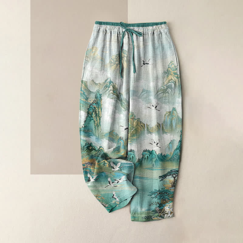 Buddha Stones Pantaloni da donna in puro cotone con elastico in vita e tasche, fantasia "Misty Mountain Crane". - Turchese - US16, UK/AU20, EU48 (3XL) - image 4