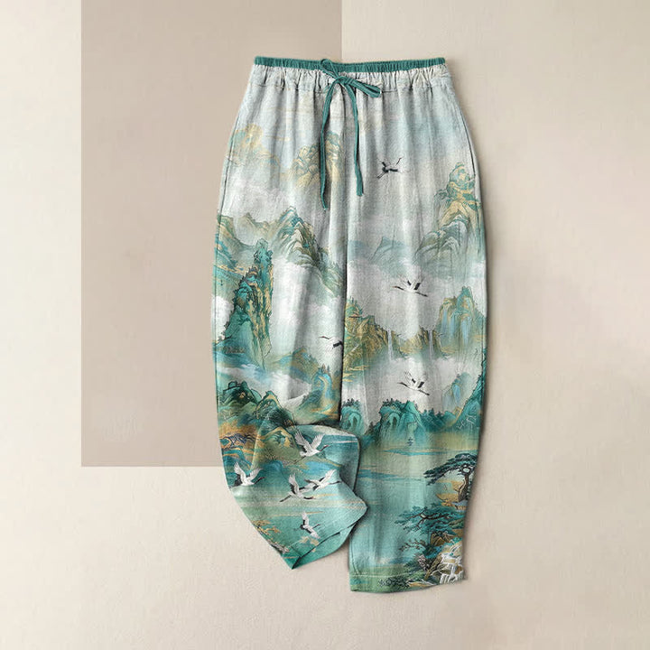 Buddha Stones Pantaloni da donna in puro cotone con elastico in vita e tasche, fantasia "Misty Mountain Crane". - Turchese - US16, UK/AU20, EU48 (3XL) - image 4