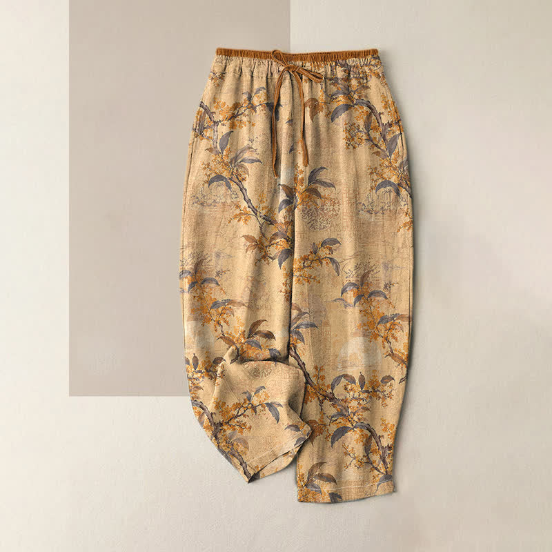Buddha Stones Pantaloni da donna in puro cotone con elastico in vita e tasche, fantasia floreale botanica vintage. - Verga d'oro - US16, UK/AU20, EU48 (3XL) - image 0