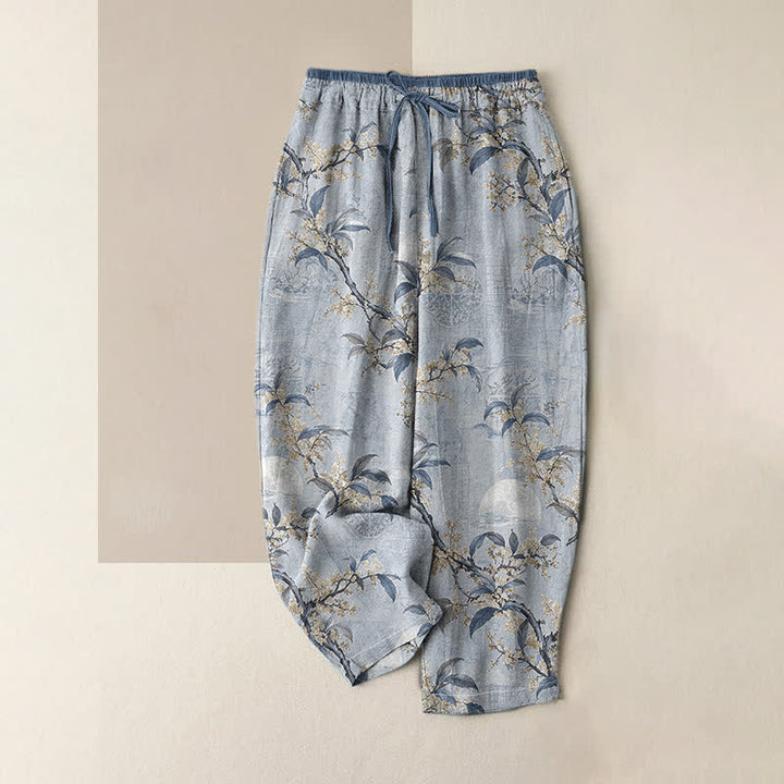Buddha Stones Pantaloni da donna in puro cotone con elastico in vita e tasche, fantasia floreale botanica vintage. - Azzurro cielo chiaro - US16, UK/AU20, EU48 (3XL) - image 4