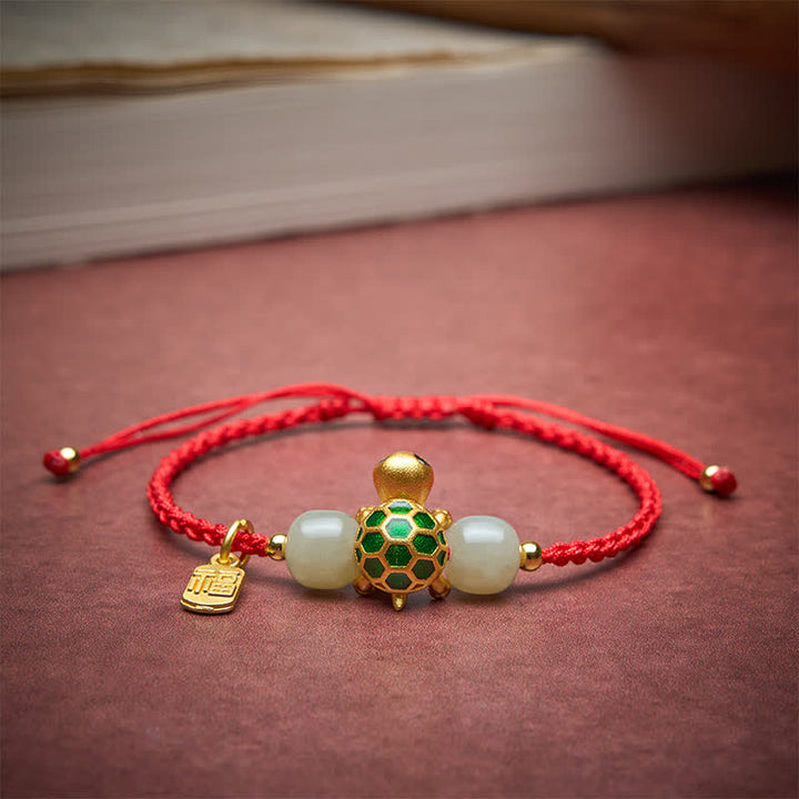 Buddha Stones Braccialetto portafortuna con scritta "Tartaruga di rame Fu" e filo rosso di giada Hetian, simbolo di prosperità. - image 3