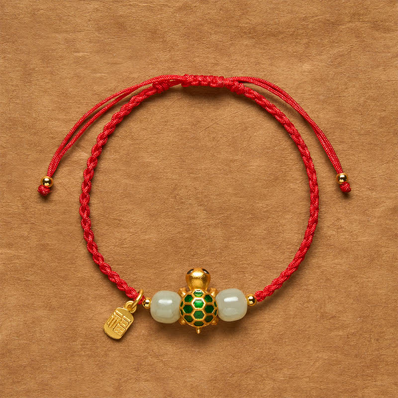 Buddha Stones Braccialetto portafortuna con scritta "Tartaruga di rame Fu" e filo rosso di giada Hetian, simbolo di prosperità. - Braccialetto con cordino rosso tartaruga - 5,5–7,1 pollici/14–18 cm - image 0