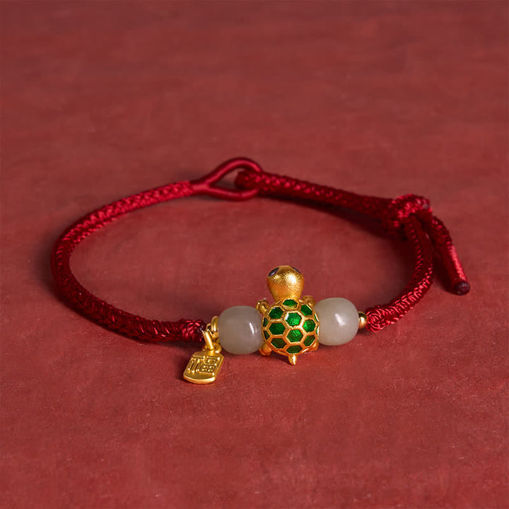 Buddha Stones Braccialetto portafortuna con cordino rosso e personaggio Fu della tartaruga di rame Hetian in giada. - image 4