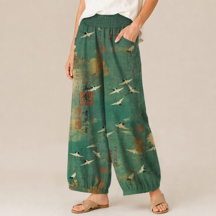 Buddha Stones Pantaloni harem da donna in cotone con motivo calligrafico di gru orientali, vita elasticizzata e pieghe, con tasche. - image 1