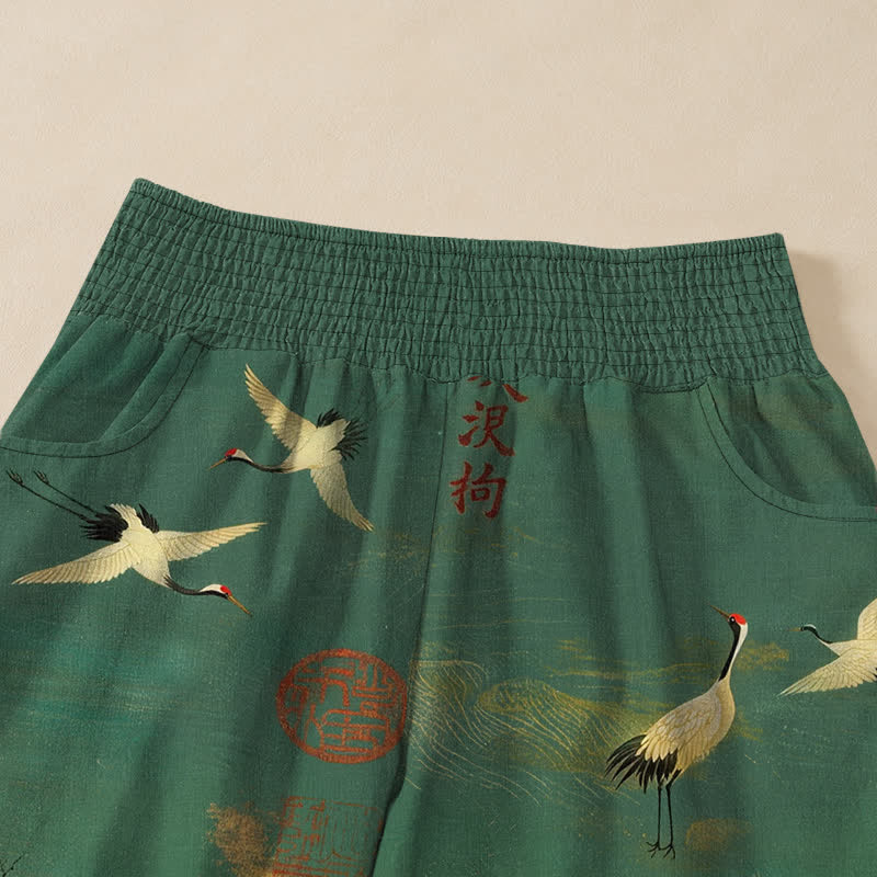 Buddha Stones Pantaloni harem da donna in cotone con motivo calligrafico di gru orientali, vita elasticizzata e pieghe, con tasche. - image 4