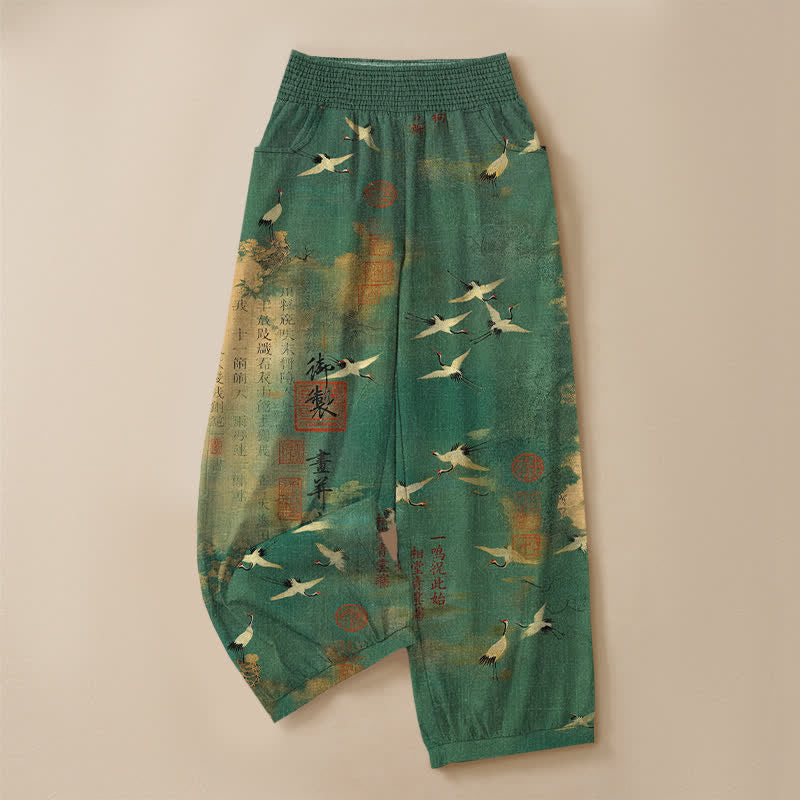 Buddha Stones Pantaloni harem da donna in cotone con motivo calligrafico di gru orientali, vita elasticizzata e pieghe, con tasche. - image 3
