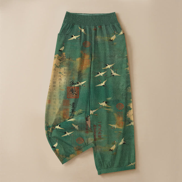 Buddha Stones Pantaloni harem da donna in cotone con motivo calligrafico di gru orientali, vita elasticizzata e pieghe, con tasche. - image 3